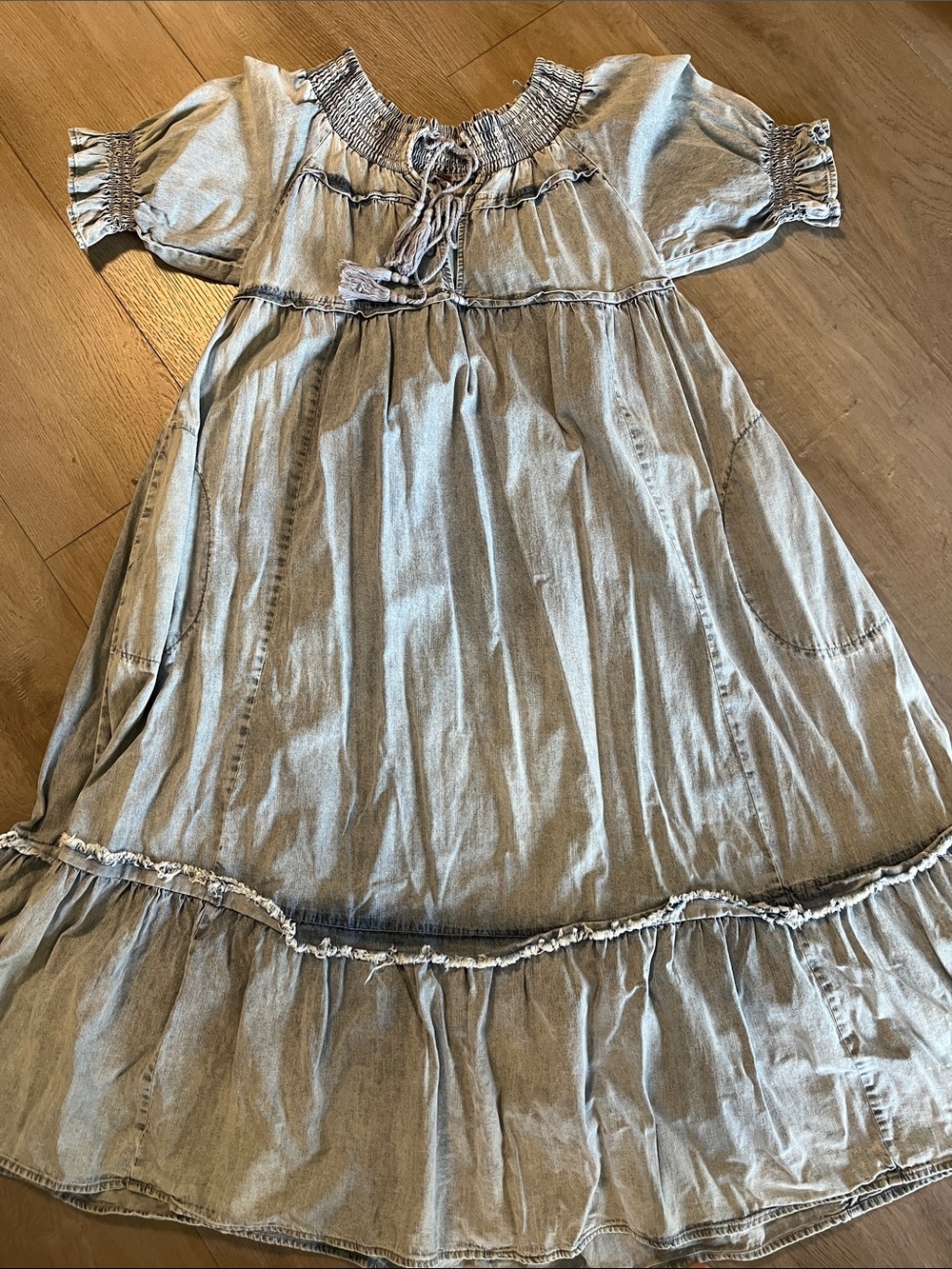Free People Light Blue Denim Tiered Midi Dress (acid wash style)
